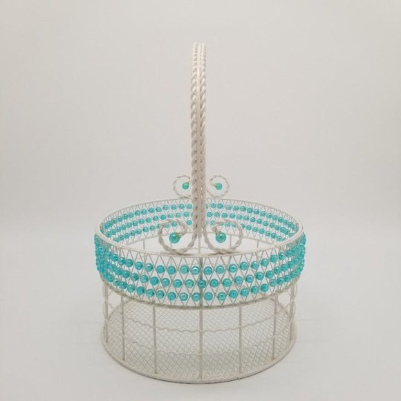 White Turquoise Beaded Wire Mesh Metal Basket Easter Spring Gift Home Decor - Picture 2 of 6